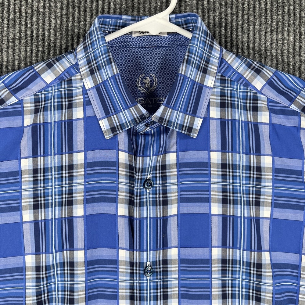 Bugatchi Uomo Mens Shirt Medium Blue Plaid Long Sleeve Button Up Shaped Fit